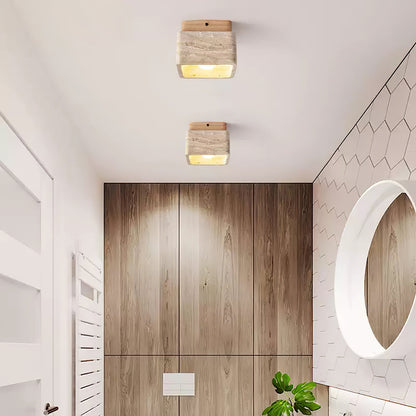Terra Block Ceiling Light | Yellow Travertine & Walnut Wood | 12cm x 12cm x 9cm