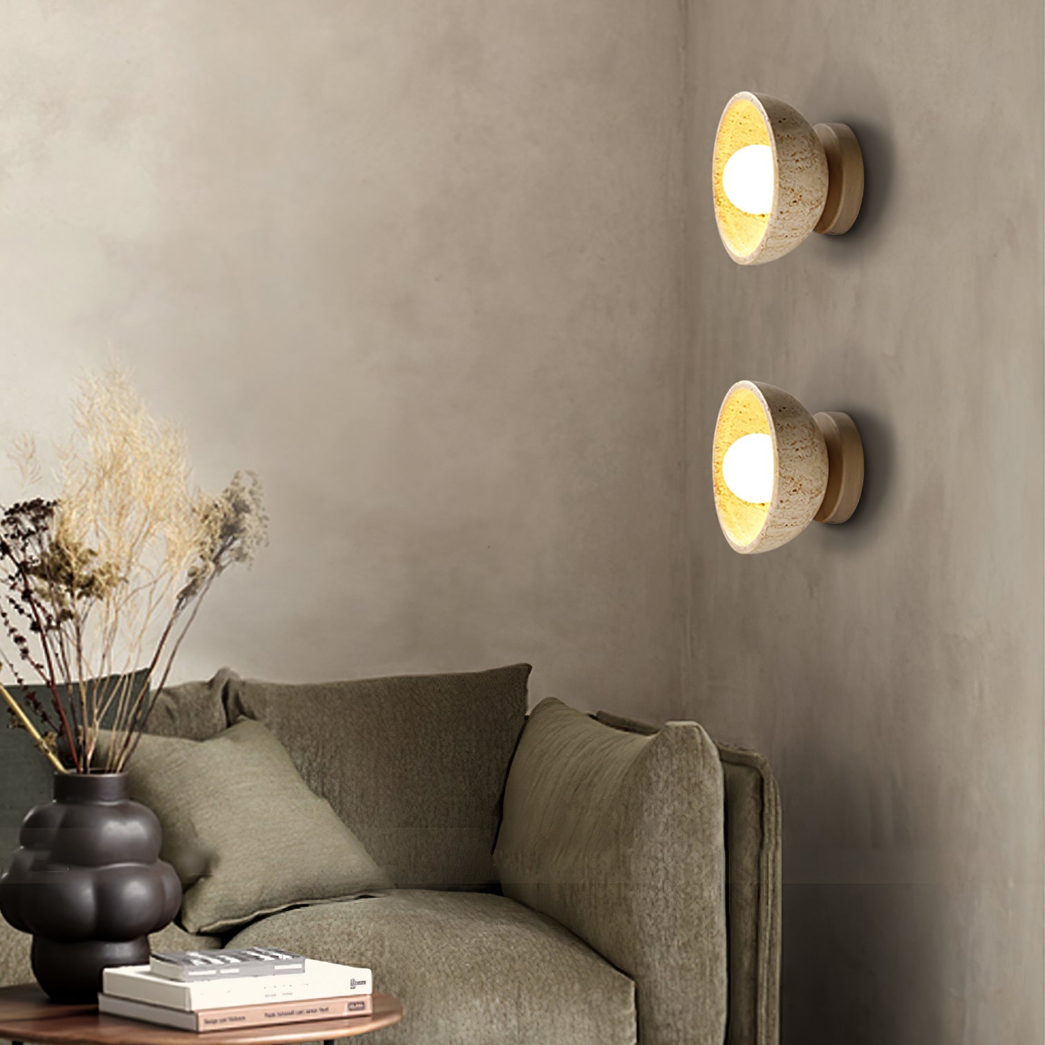 Terra Bowl Wall Lamp | Yellow Travertine & Wood | 15cm Diameter