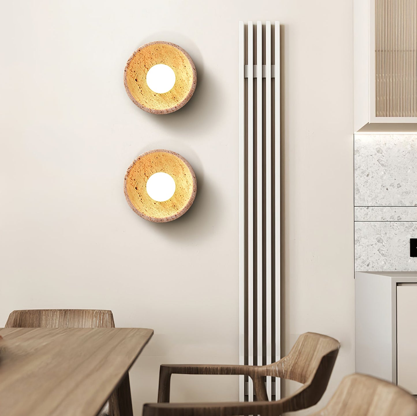 Terra Bowl Wall Lamp | Yellow Travertine & Wood | 15cm Diameter