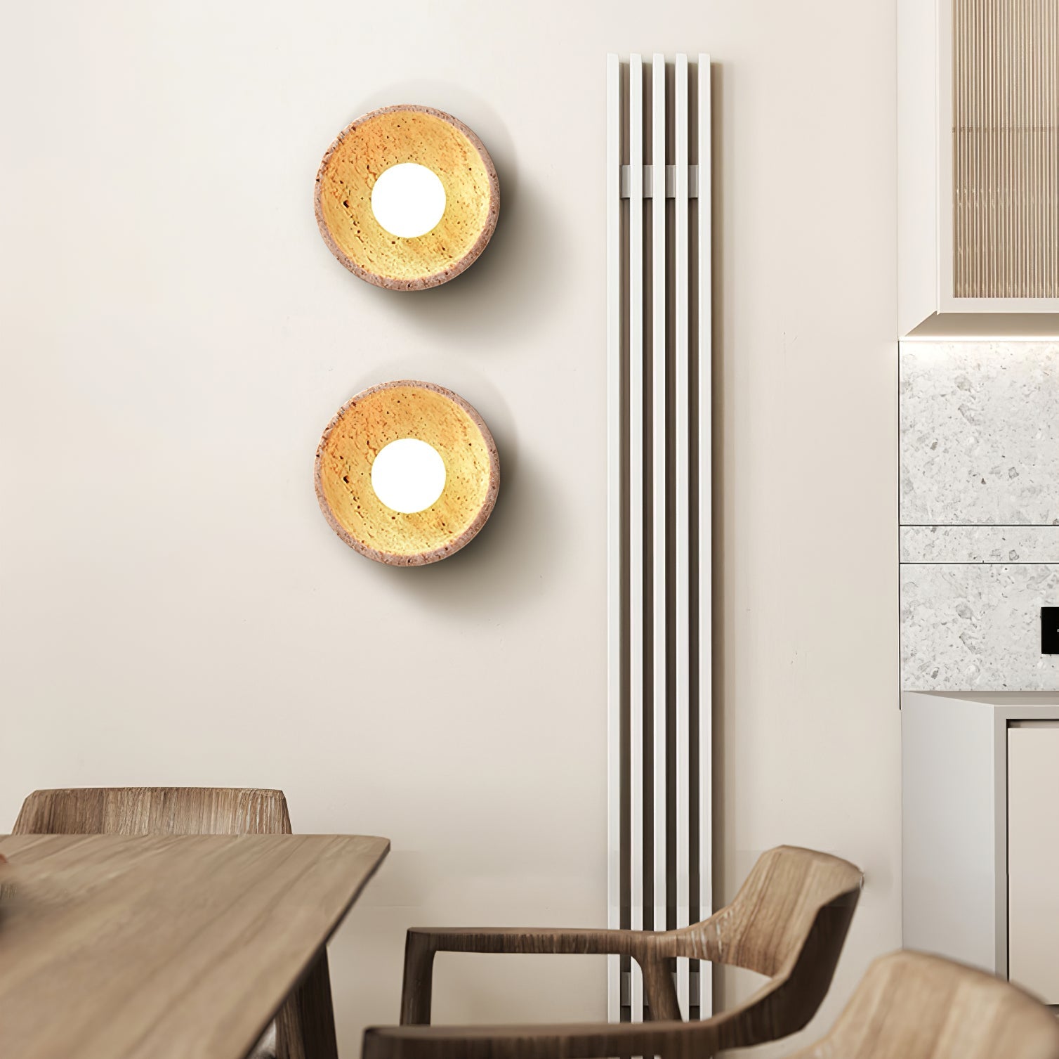 Terra Bowl Wall Lamp | Yellow Travertine & Wood | 15cm Diameter