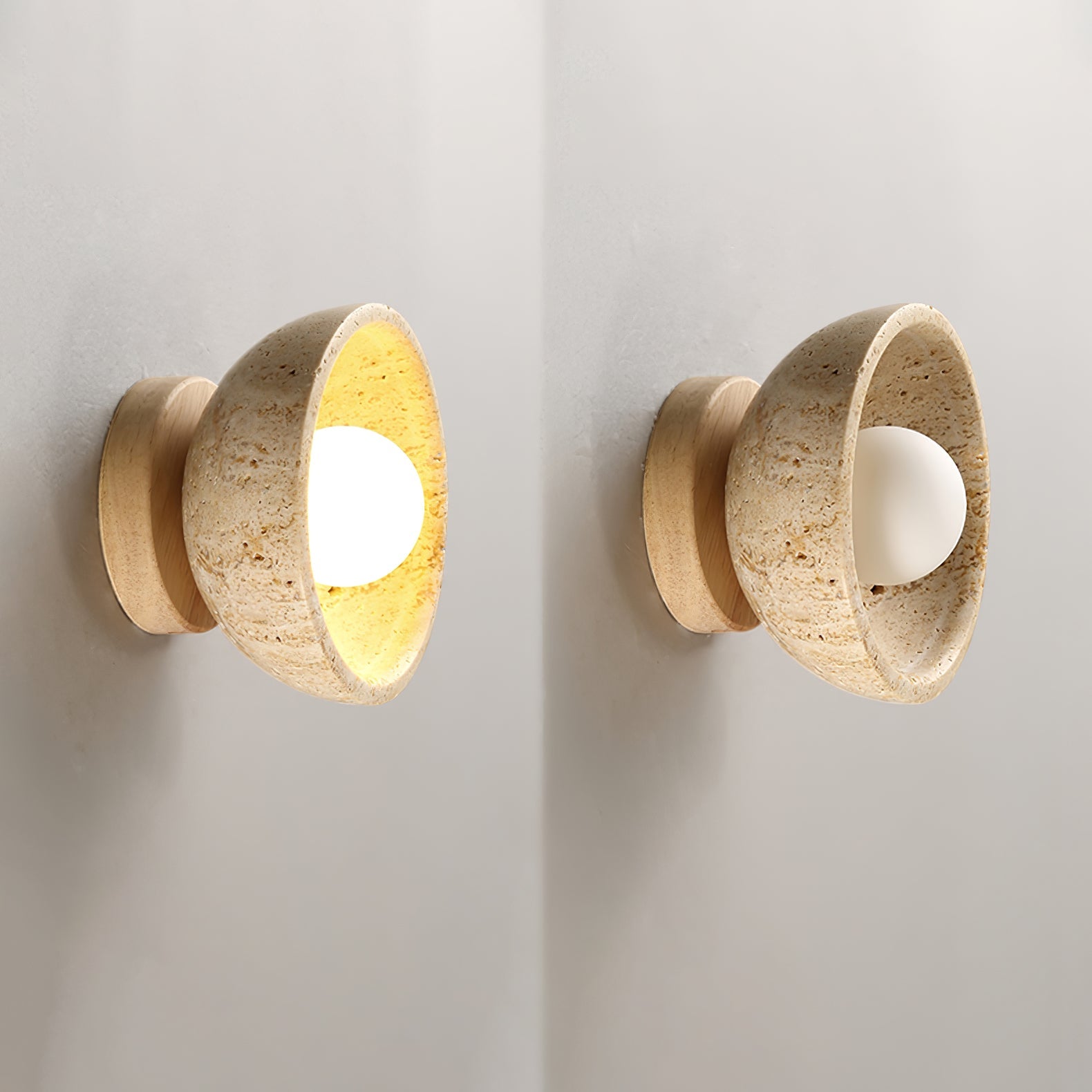 Terra Bowl Wall Lamp | Yellow Travertine & Wood | 15cm Diameter