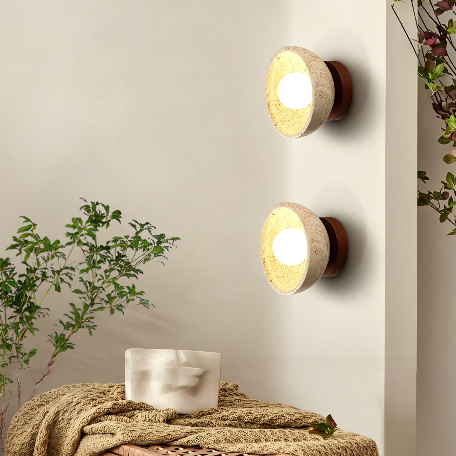 Terra Bowl Wall Lamp | Yellow Travertine & Wood | 15cm Diameter