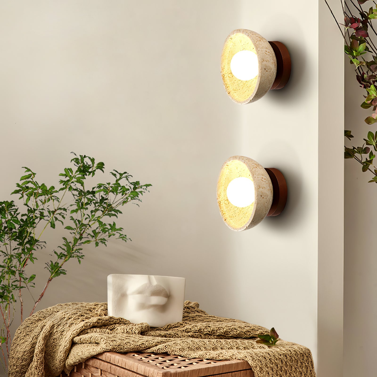 Terra Bowl Wall Lamp | Yellow Travertine & Wood | 15cm Diameter