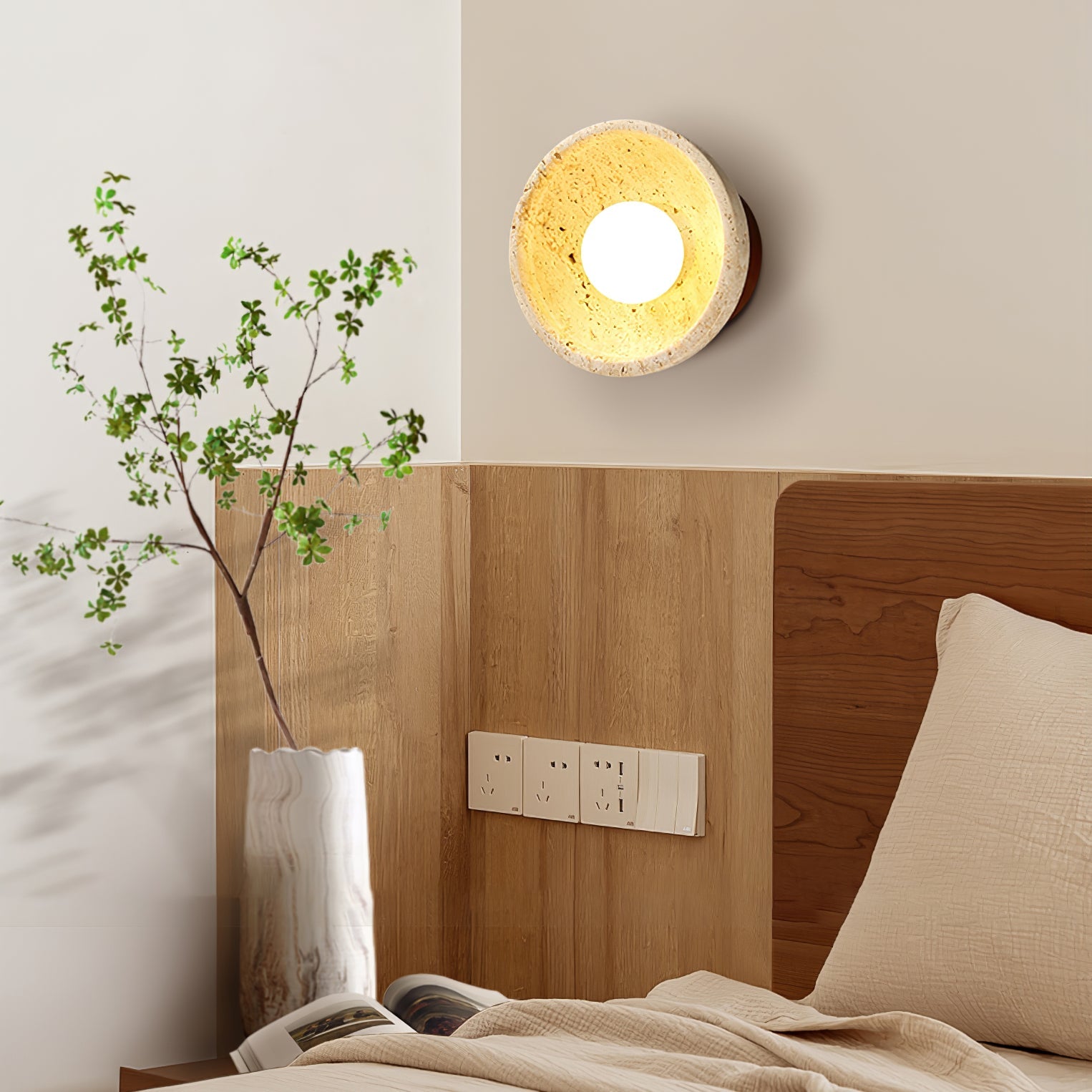 Terra Bowl Wall Lamp | Yellow Travertine & Wood | 15cm Diameter