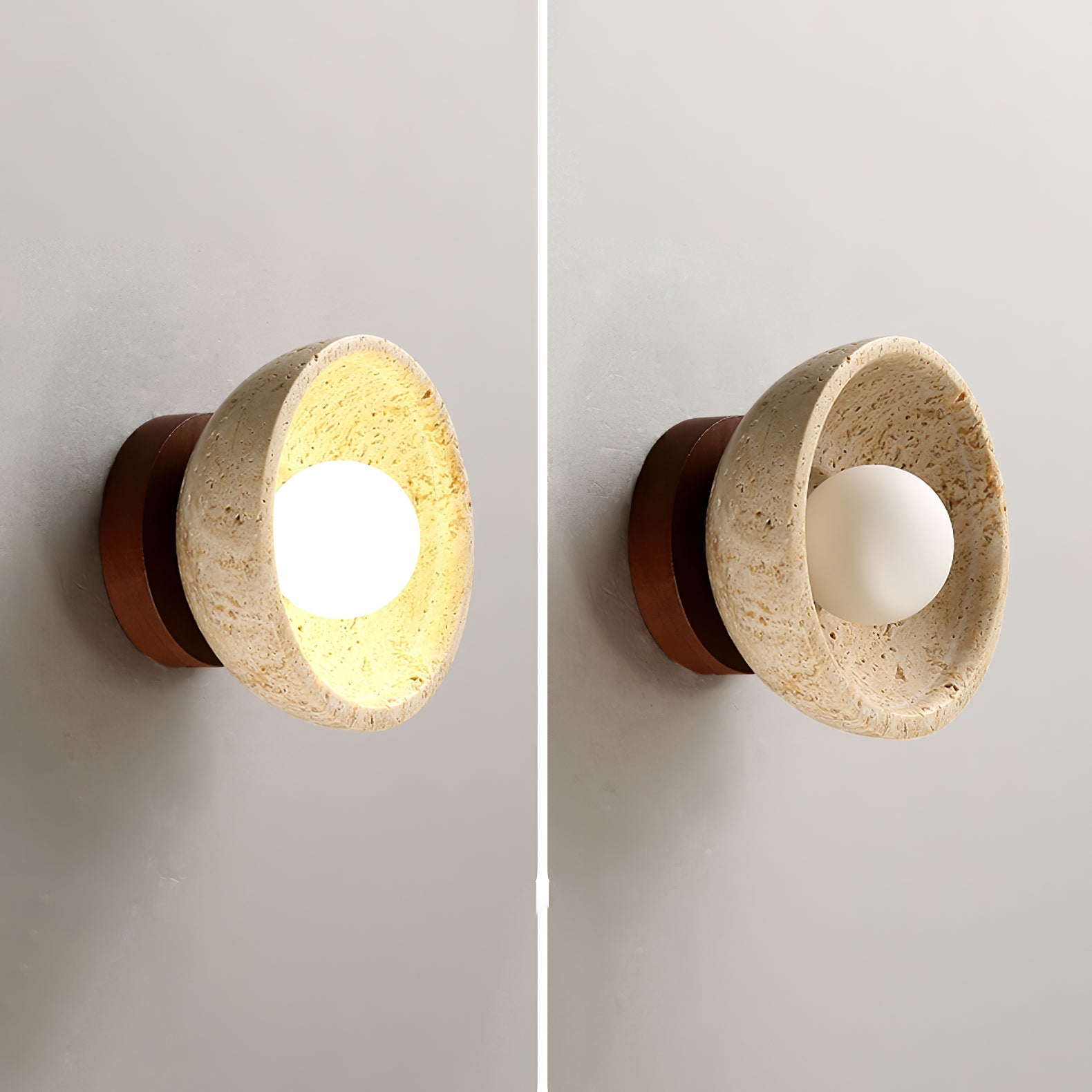 Terra Bowl Wall Lamp | Yellow Travertine & Wood | 15cm Diameter