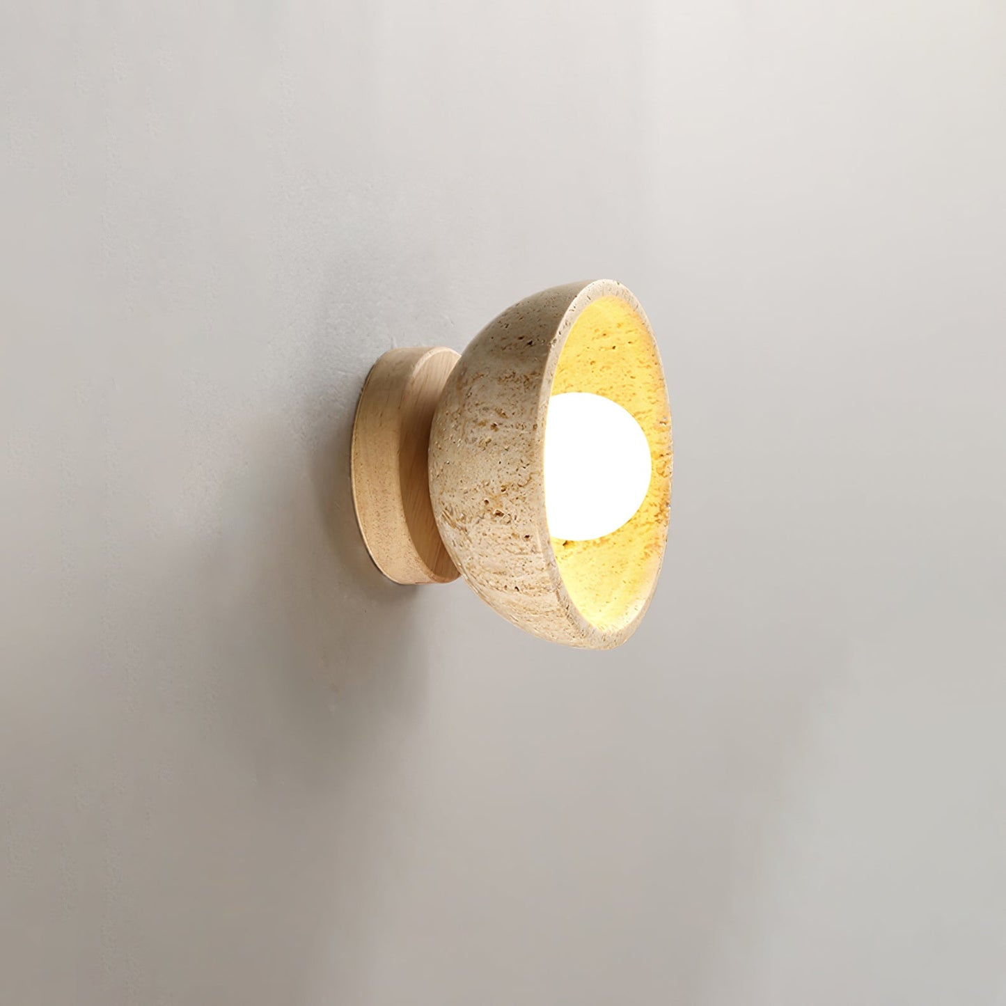 Terra Bowl Wall Lamp | Yellow Travertine & Wood | 15cm Diameter