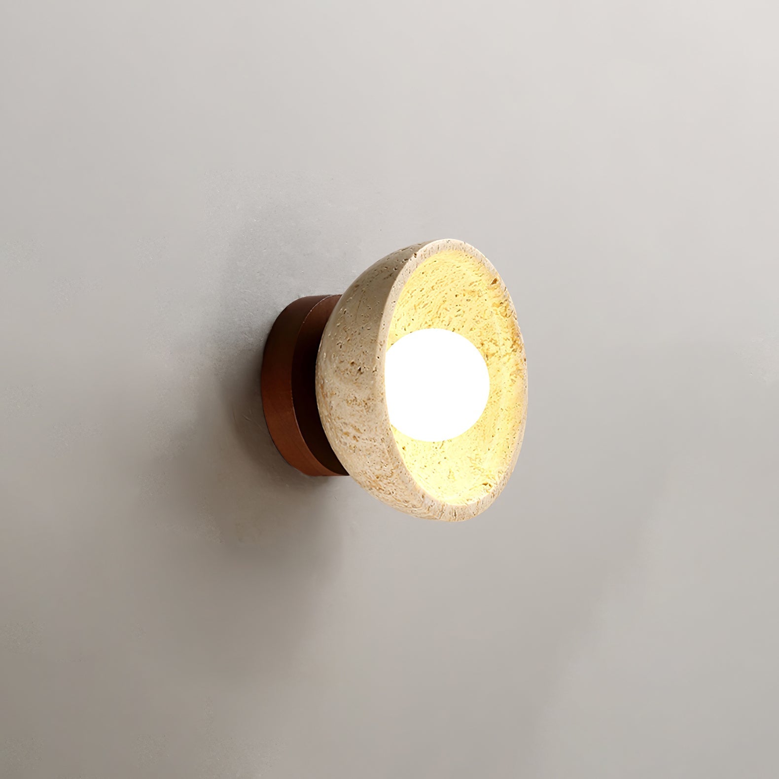 Terra Bowl Wall Lamp | Yellow Travertine & Wood | 15cm Diameter