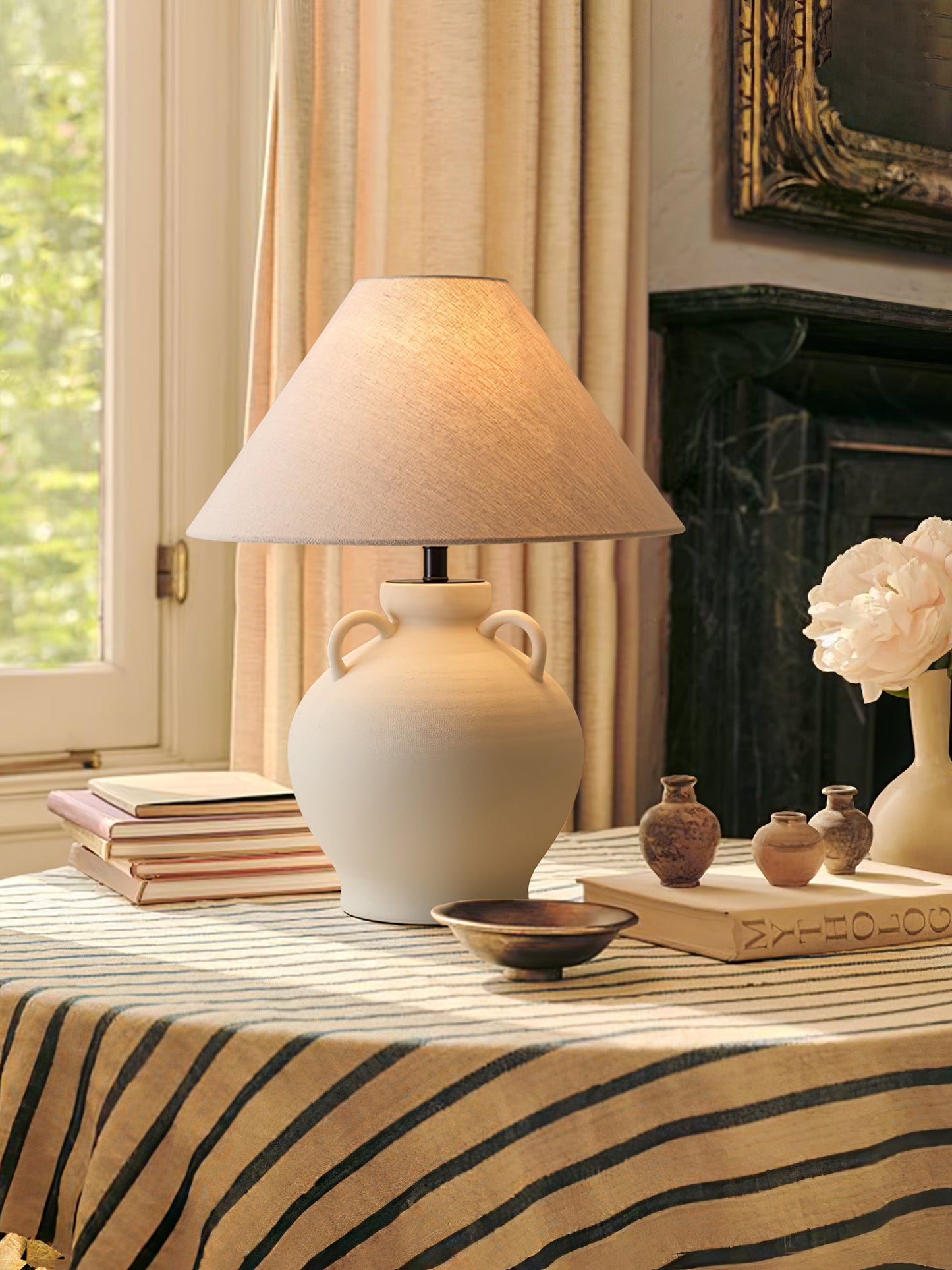 Terracotta Table Lamp | Ceramic Base with Linen Shade | 40cm Diameter