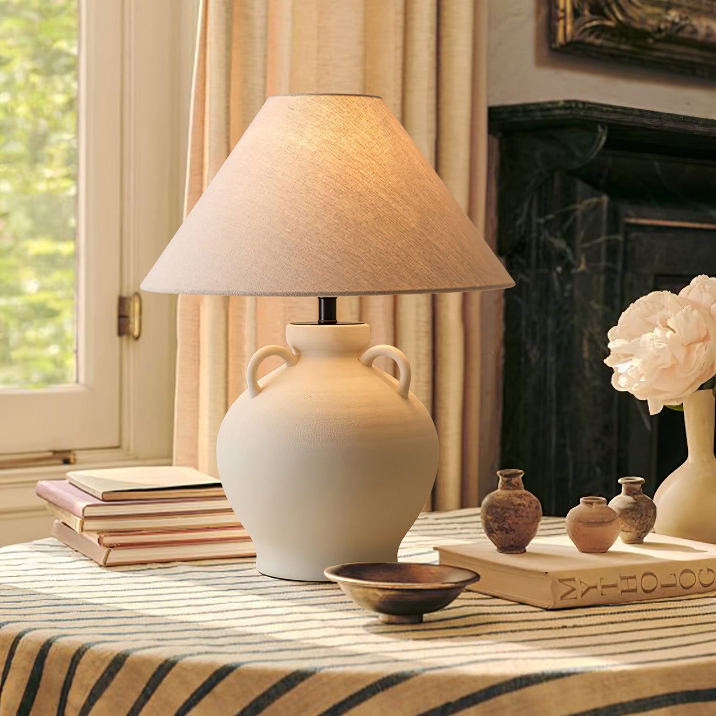 Terracotta Table Lamp | Ceramic Base with Linen Shade | 40cm Diameter