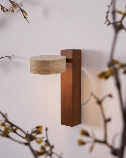 Grove Beam Wall Lamp | Yellow Travertine, Wood, Acrylic | Wall Mount