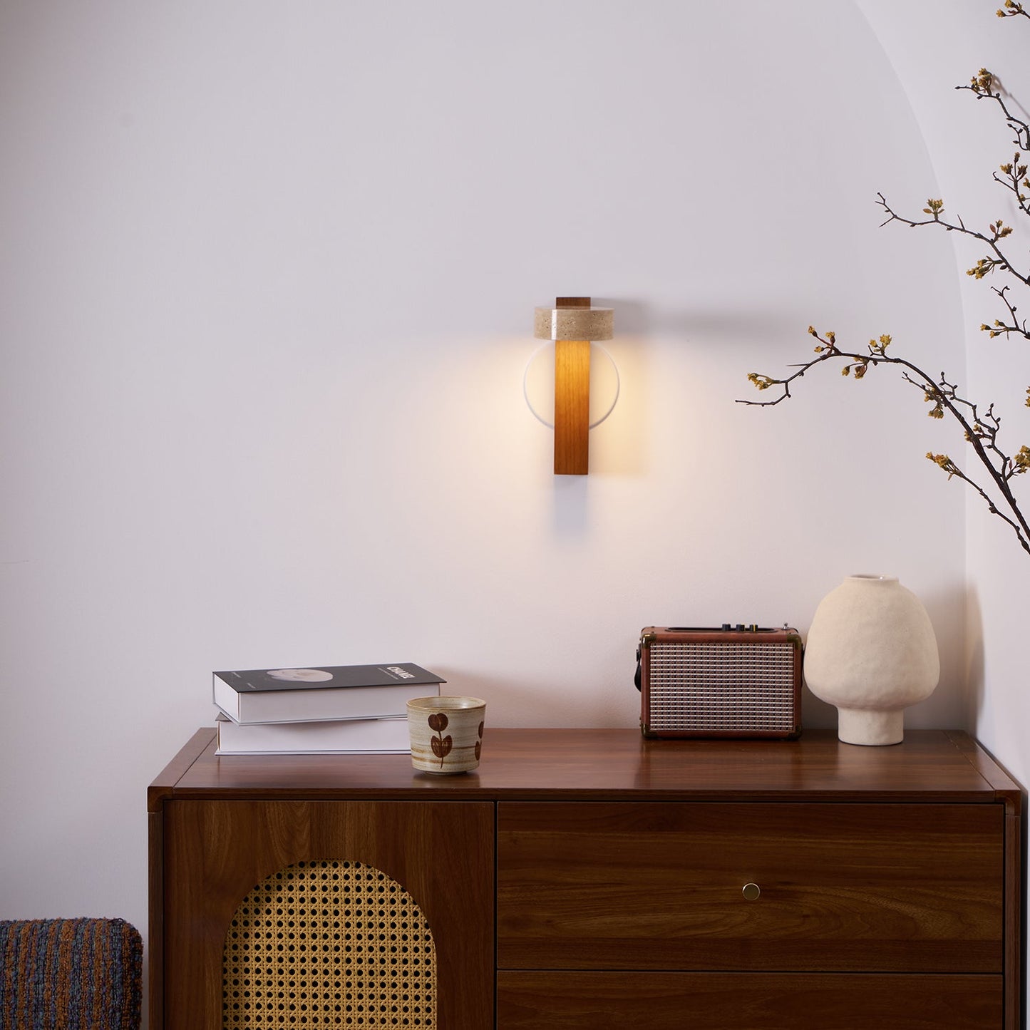 Grove Beam Wall Lamp | Yellow Travertine, Wood, Acrylic | Wall Mount