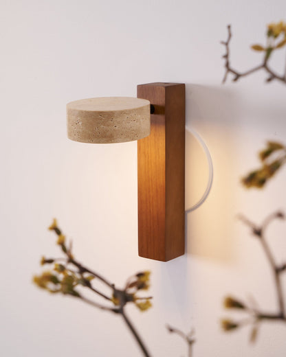 Grove Beam Wall Lamp | Yellow Travertine, Wood, Acrylic | Wall Mount