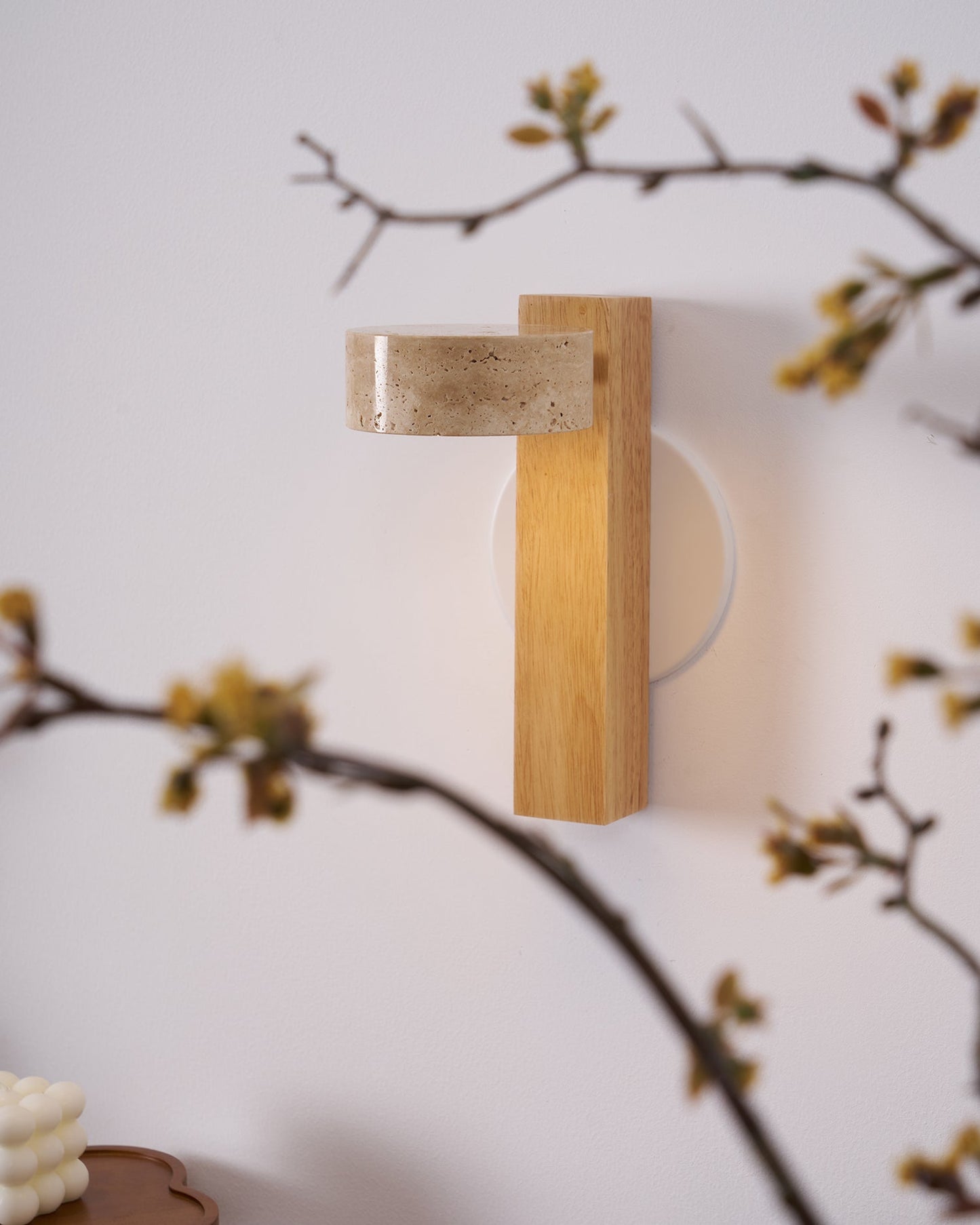 Grove Beam Wall Lamp | Yellow Travertine, Wood, Acrylic | Wall Mount