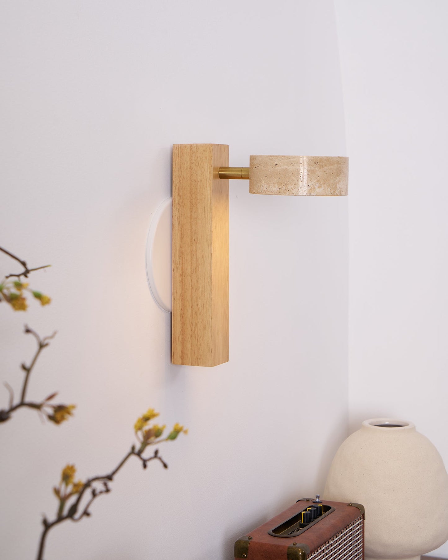 Grove Beam Wall Lamp | Yellow Travertine, Wood, Acrylic | Wall Mount