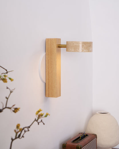 Grove Beam Wall Lamp | Yellow Travertine, Wood, Acrylic | Wall Mount