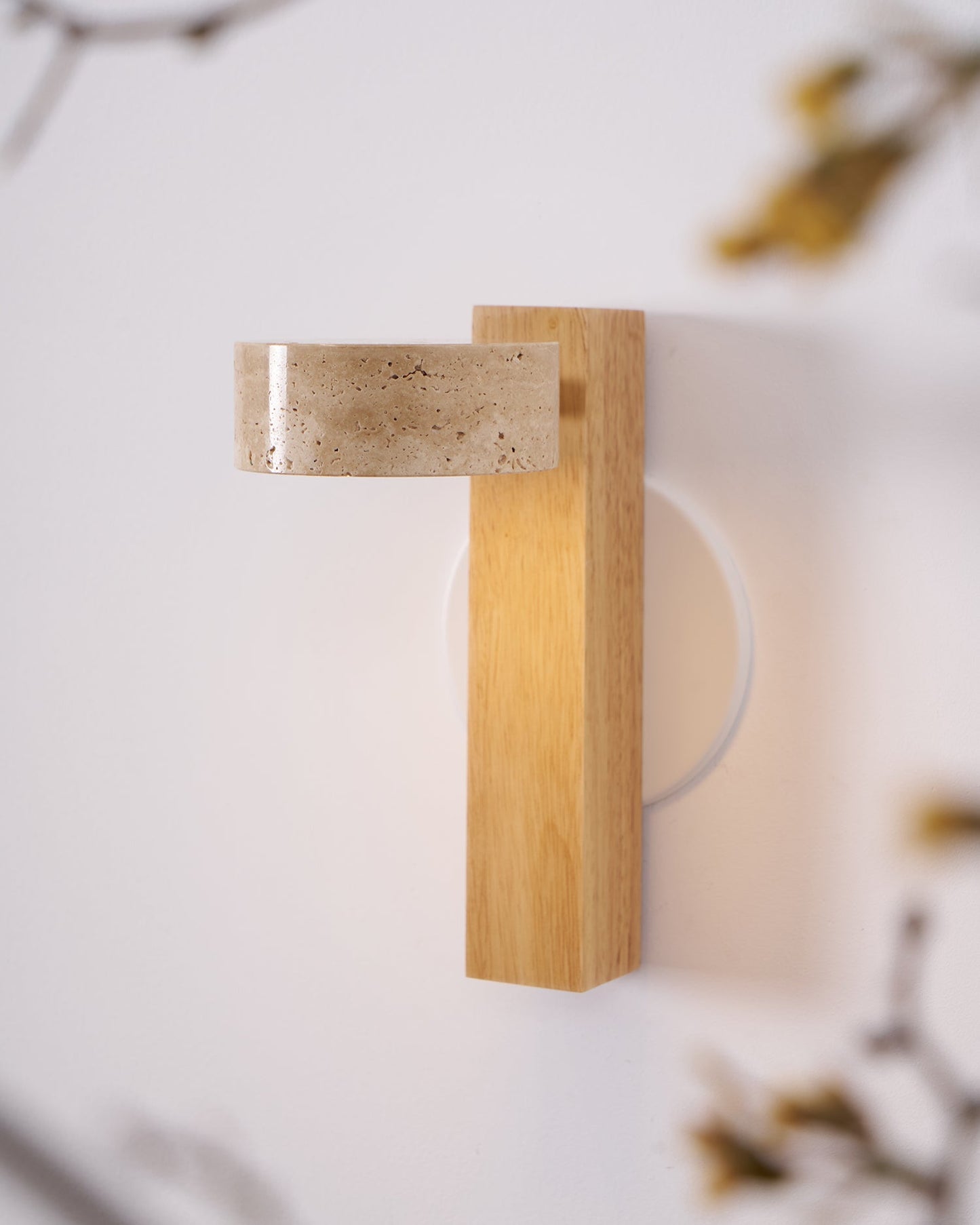 Grove Beam Wall Lamp | Yellow Travertine, Wood, Acrylic | Wall Mount