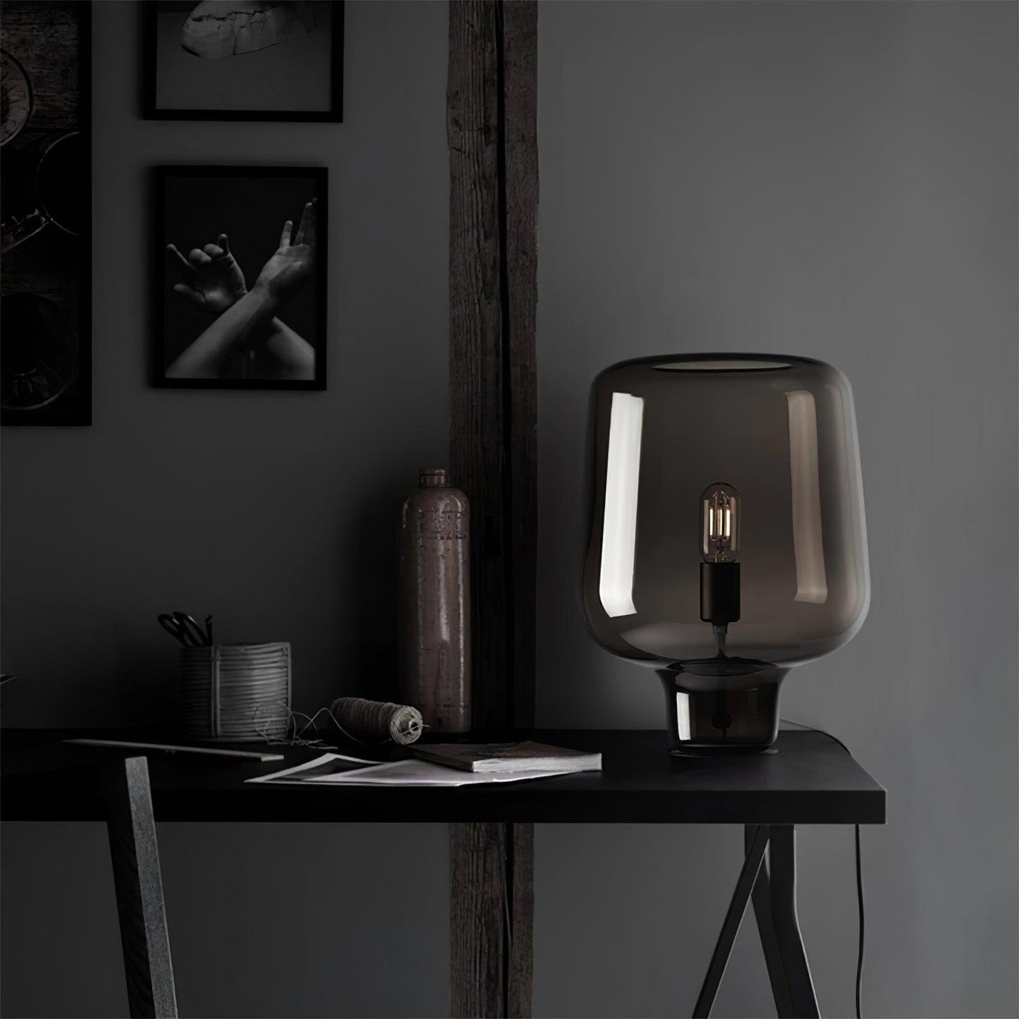 Teutonic Table Lamp | Smoke Gray Glass & Metal | 24cm Diameter