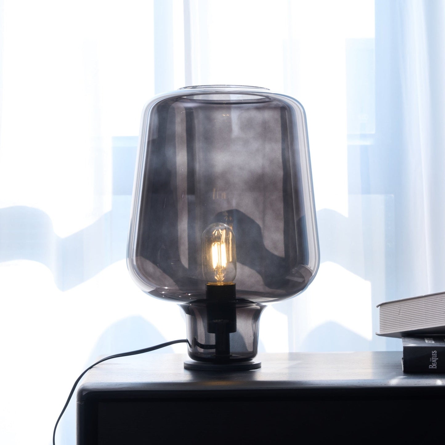 Teutonic Table Lamp | Smoke Gray Glass & Metal | 24cm Diameter