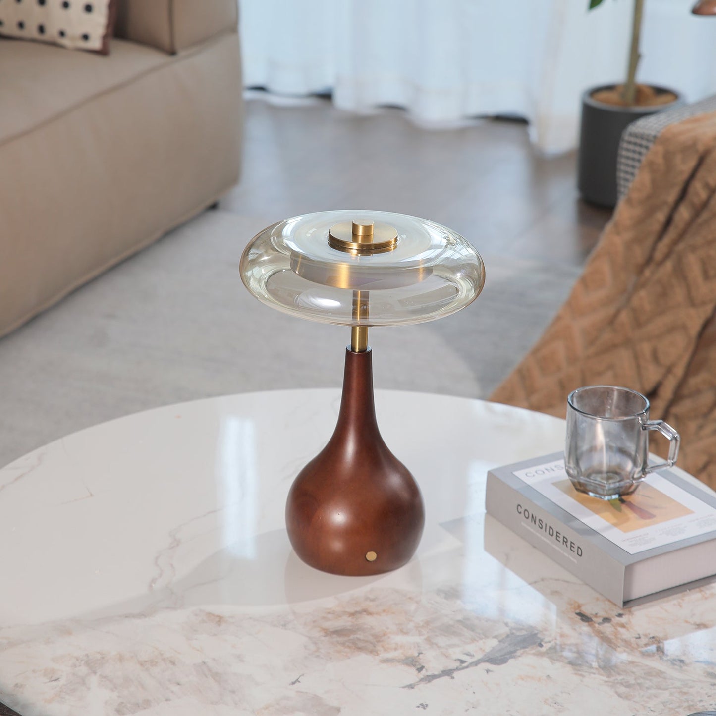 Theo Table Lamp | Wooden Base & Amber Glass Shade | 3-Color LED