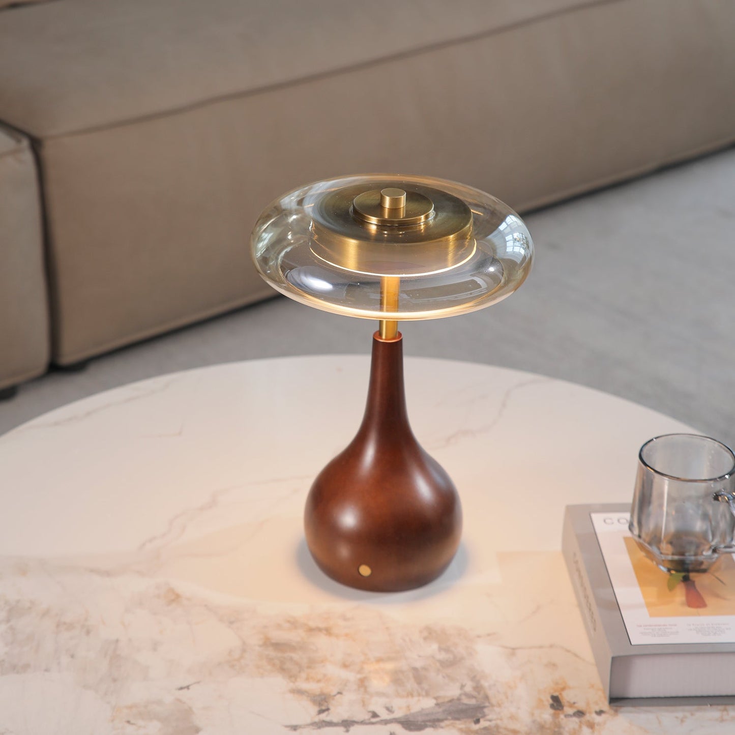 Theo Table Lamp | Wooden Base & Amber Glass Shade | 3-Color LED
