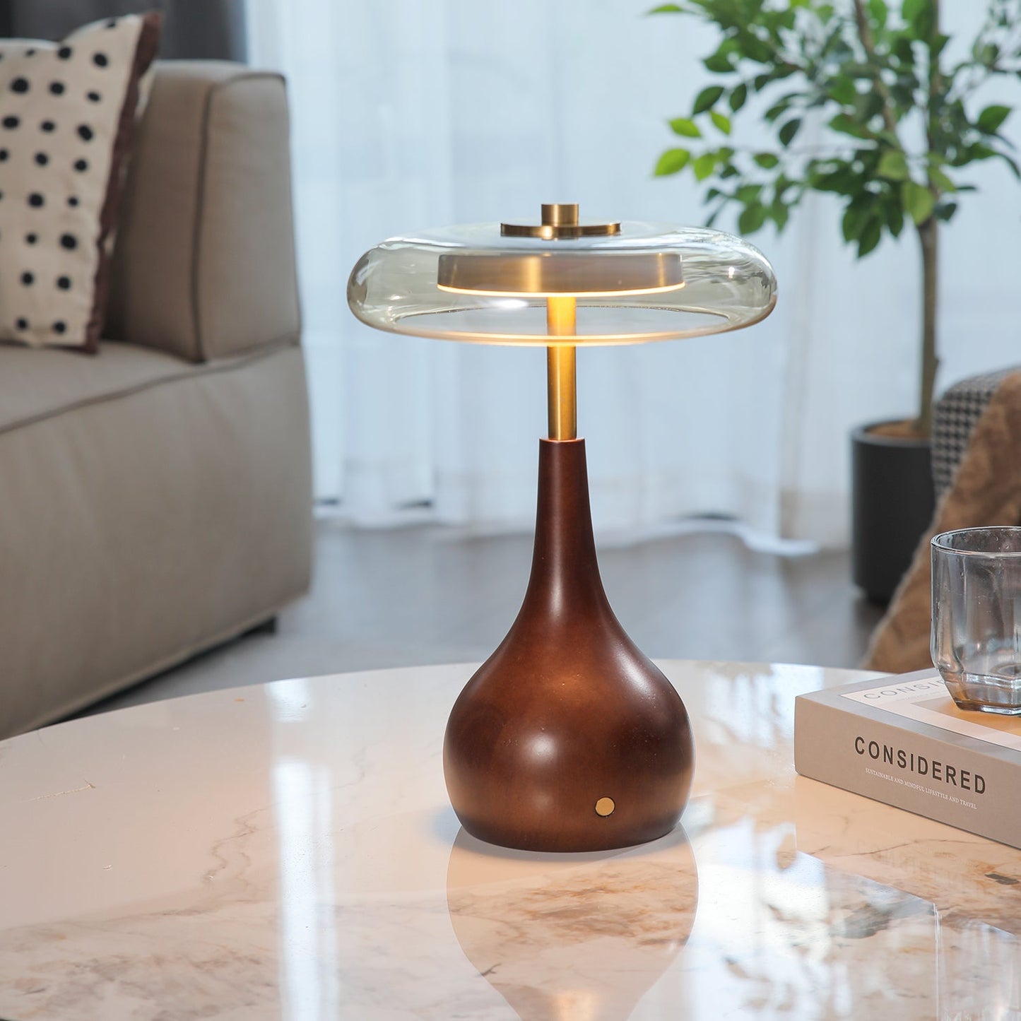 Theo Table Lamp | Wooden Base & Amber Glass Shade | 3-Color LED