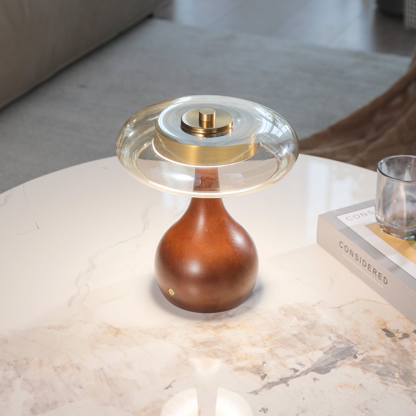 Theo Table Lamp | Wooden Base & Amber Glass Shade | 3-Color LED