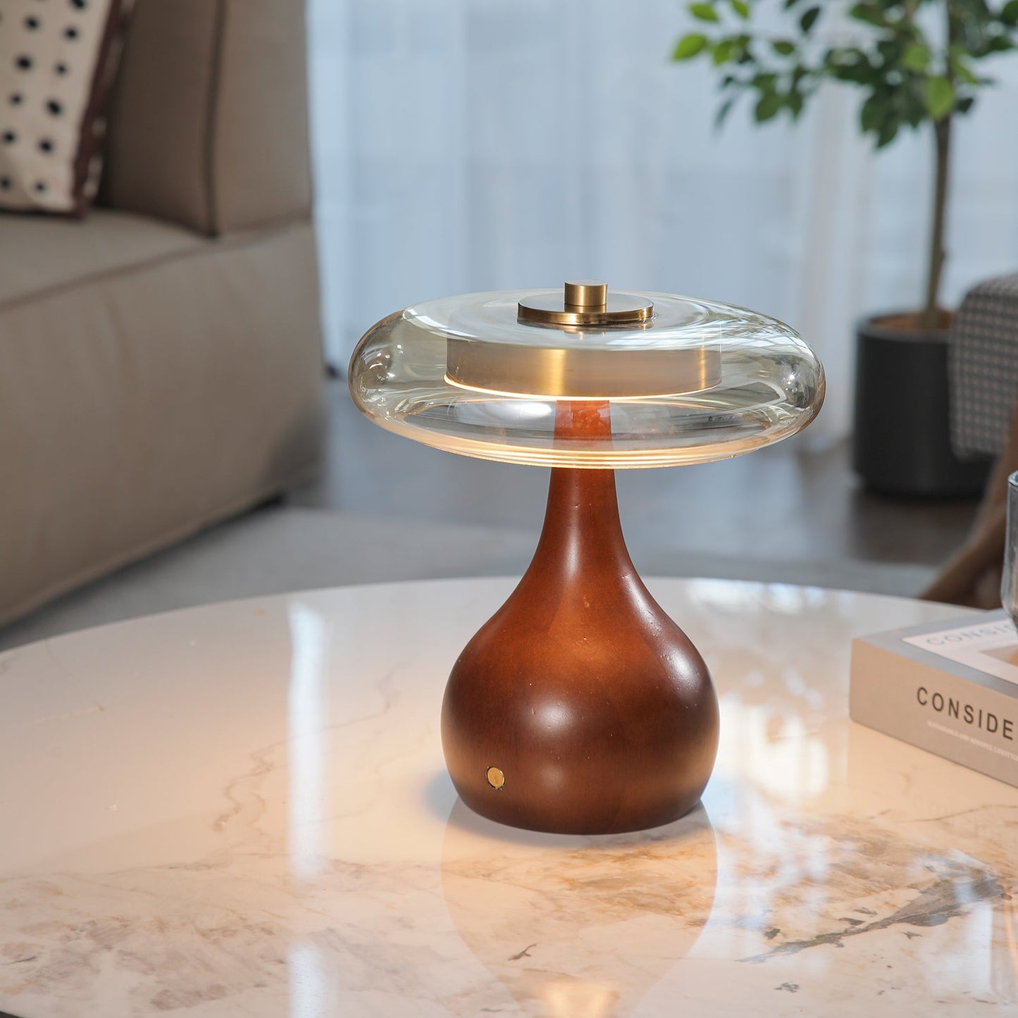 Theo Table Lamp | Wooden Base & Amber Glass Shade | 3-Color LED