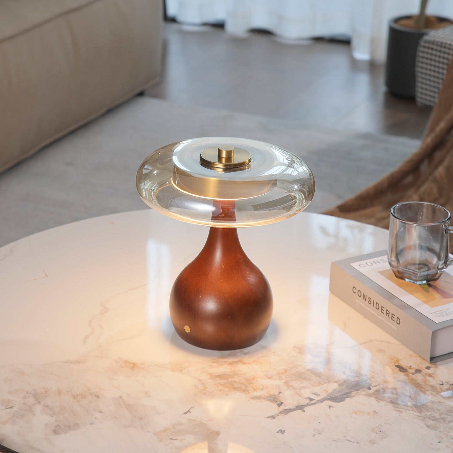 Theo Table Lamp | Wooden Base & Amber Glass Shade | 3-Color LED