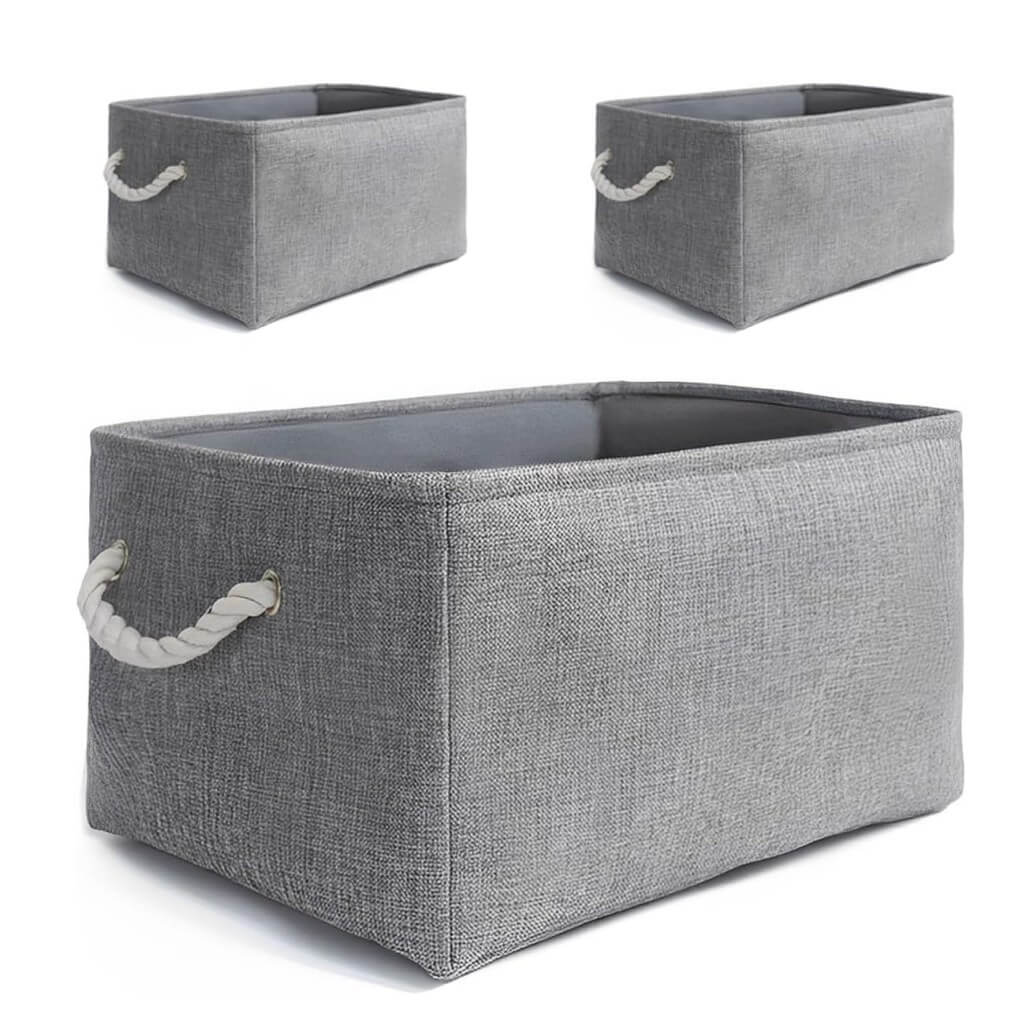 Grey Storage Baskets | Durable Fabric with Rope Handles | Set of 3 Sizes