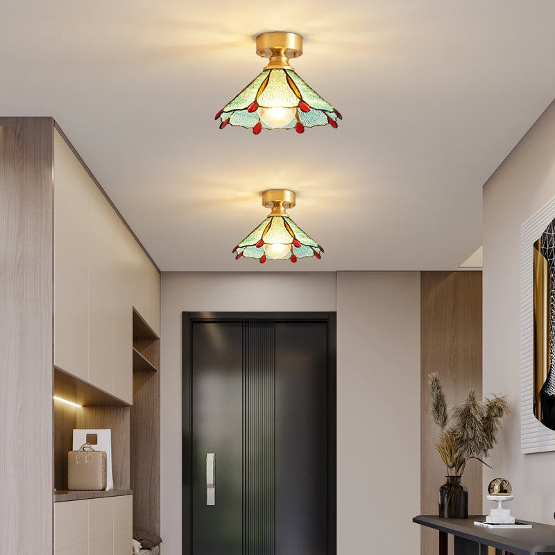 Tiffany Floral Ceiling Lamp | Handcrafted Brass & Glass | 20cm Diameter