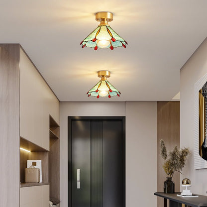 Tiffany Floral Ceiling Lamp | Handcrafted Brass & Glass | 20cm Diameter