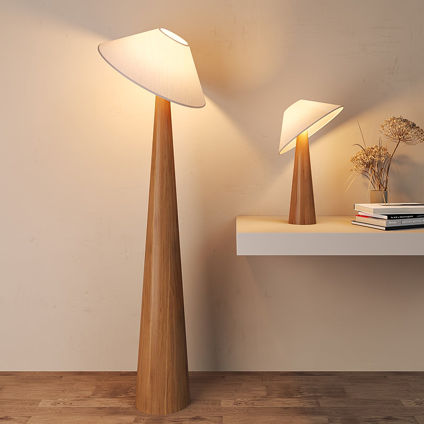Wooden Table Lamp | Natural Wood & Metal | Beige Shade