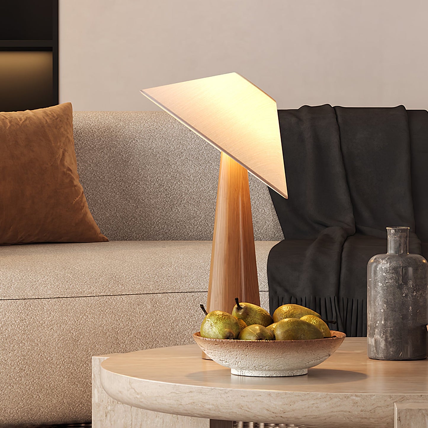 Wooden Table Lamp | Natural Wood & Metal | Beige Shade