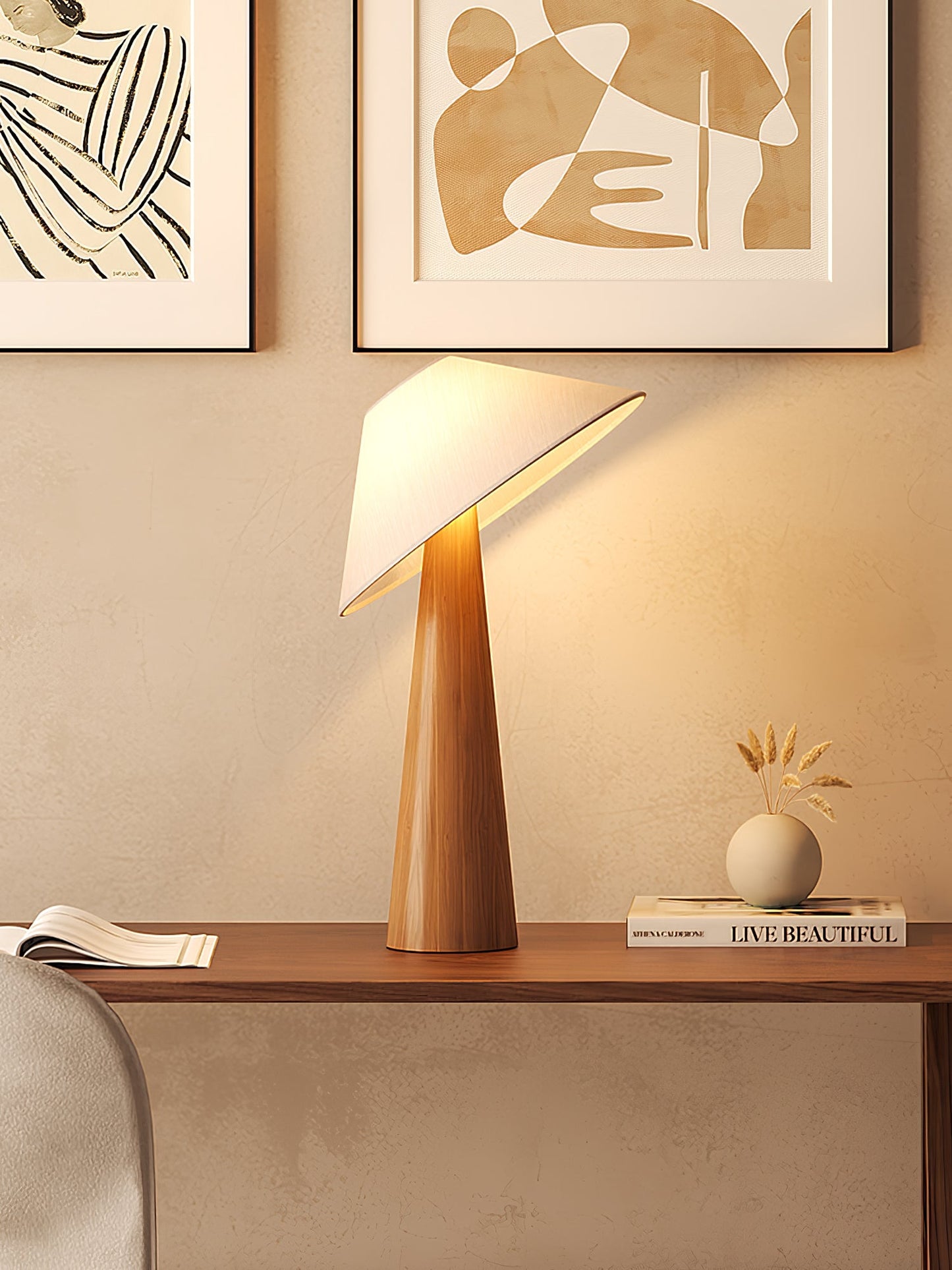 Wooden Table Lamp | Natural Wood & Metal | Beige Shade