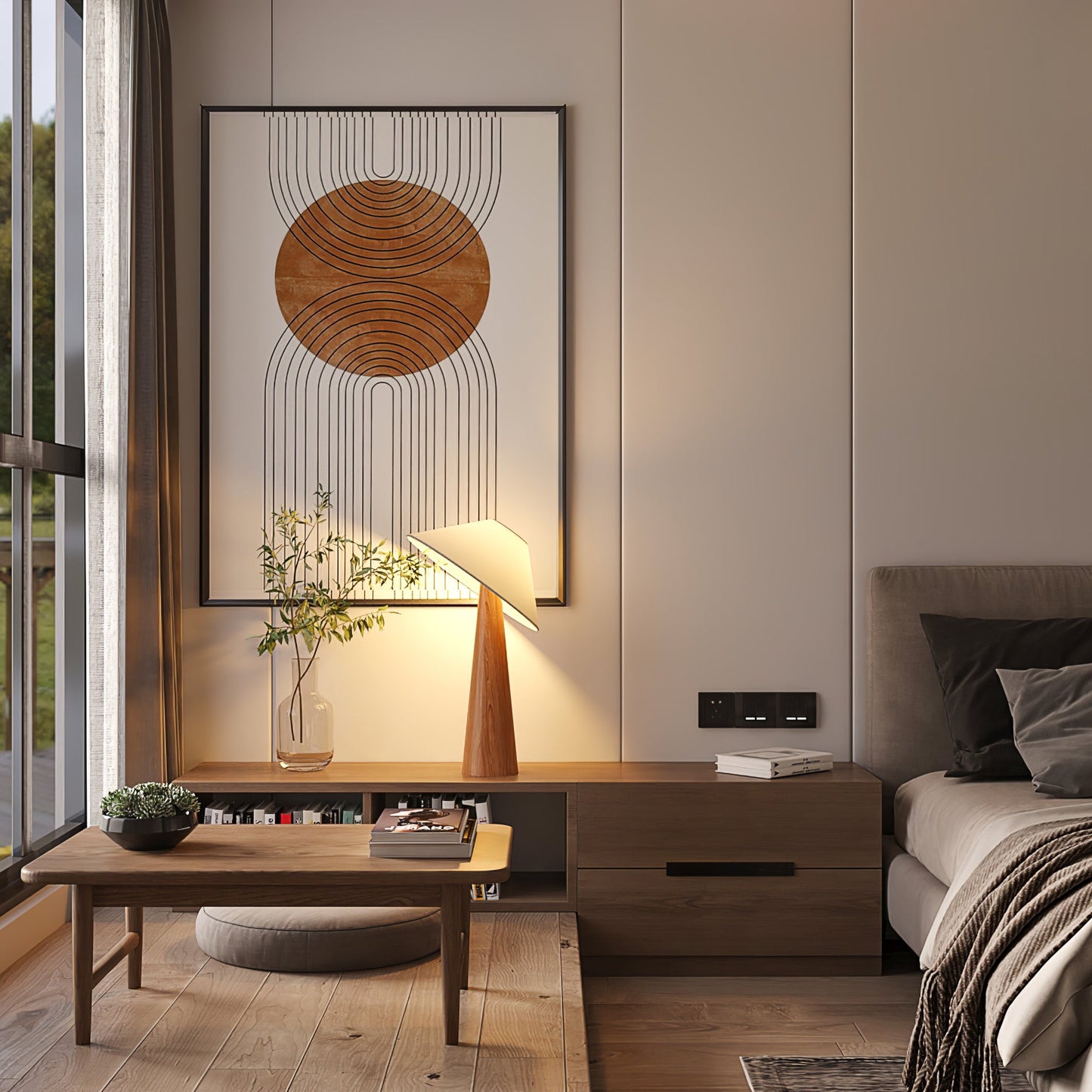 Wooden Table Lamp | Natural Wood & Metal | Beige Shade