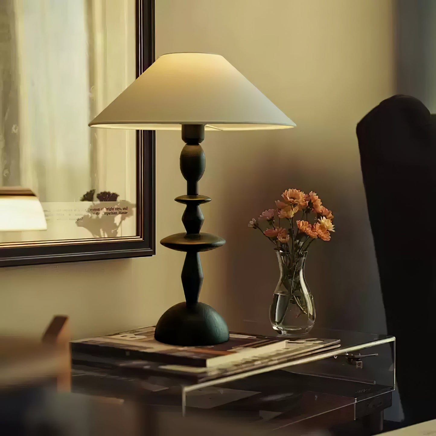 Wood Table Lamp | Handcrafted Oak with Linen Shade | Walnut Color
