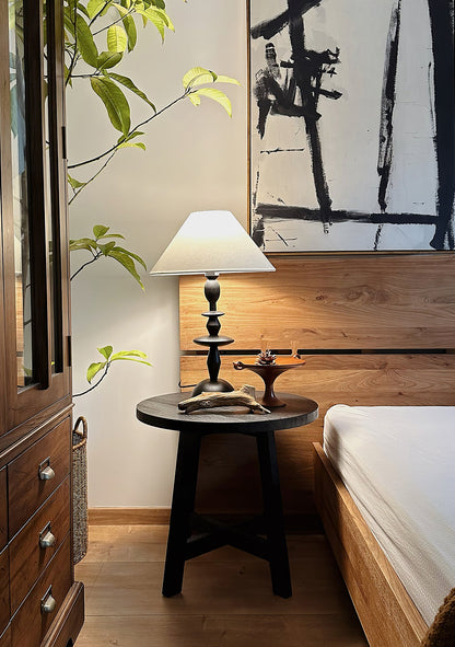 Wood Table Lamp | Handcrafted Oak with Linen Shade | Walnut Color