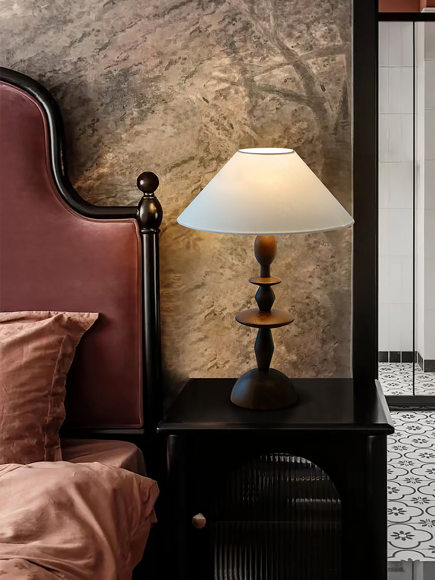 Wood Table Lamp | Handcrafted Oak with Linen Shade | Walnut Color