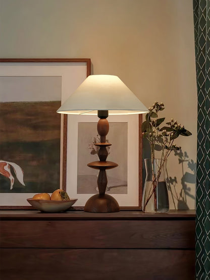 Wood Table Lamp | Handcrafted Oak with Linen Shade | Walnut Color