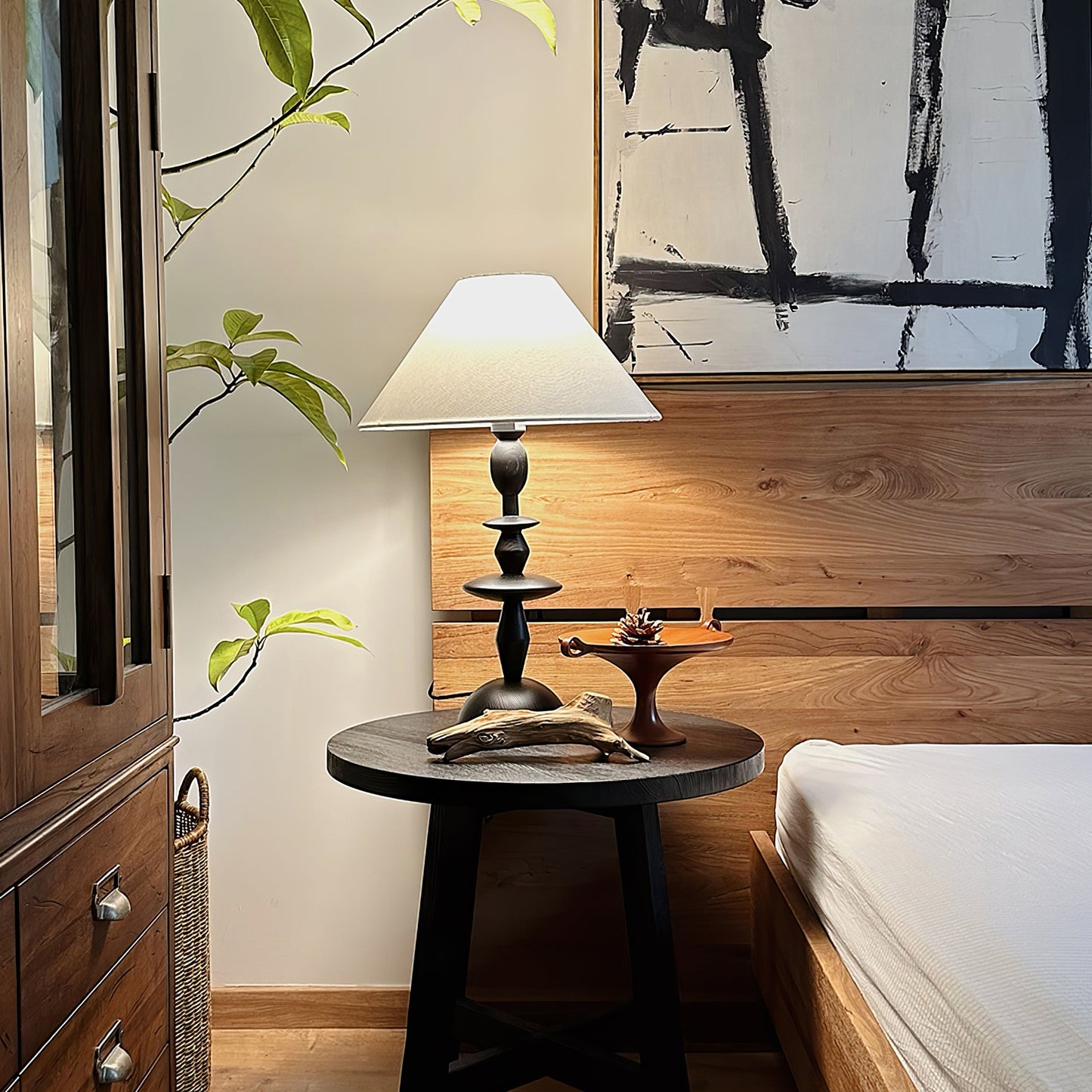 Wood Table Lamp | Handcrafted Oak with Linen Shade | Walnut Color