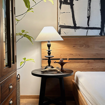 Wood Table Lamp | Handcrafted Oak with Linen Shade | Walnut Color