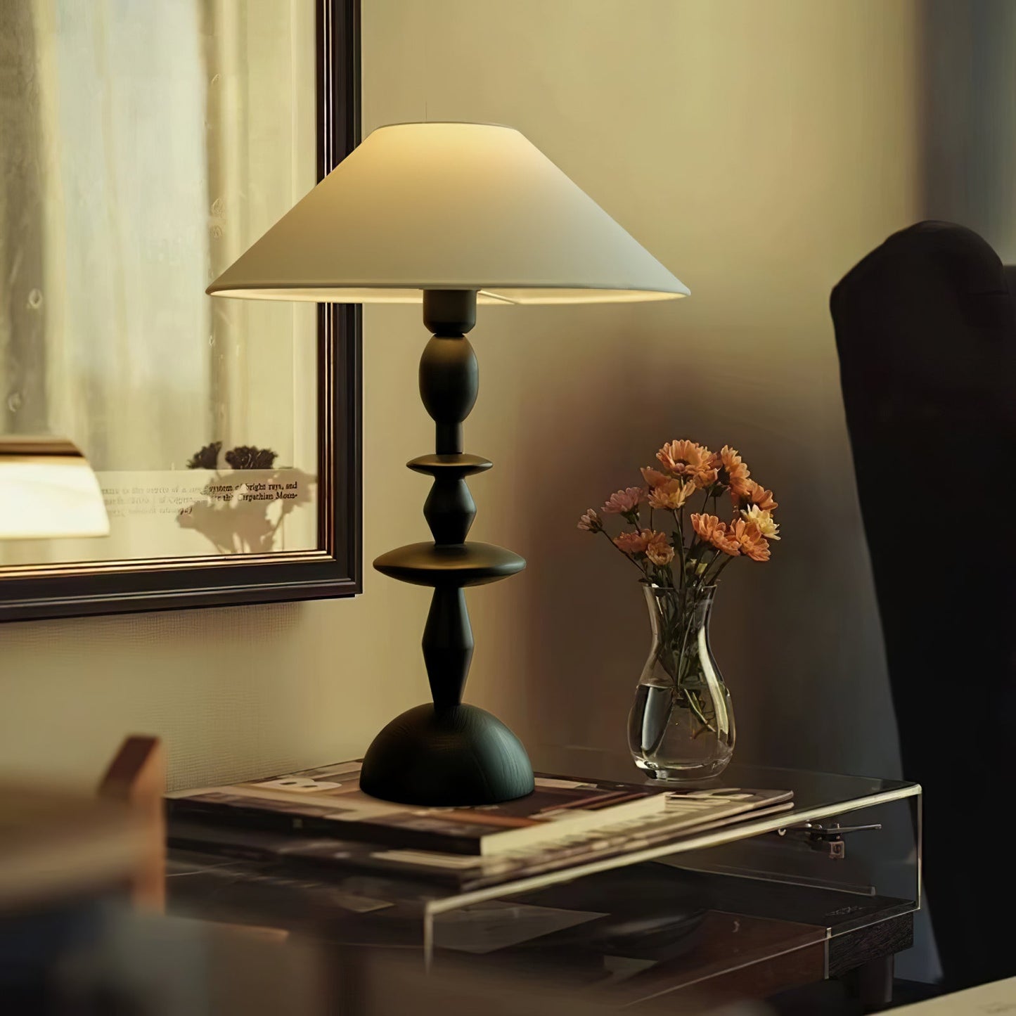 Wood Table Lamp | Handcrafted Oak with Linen Shade | Walnut Color