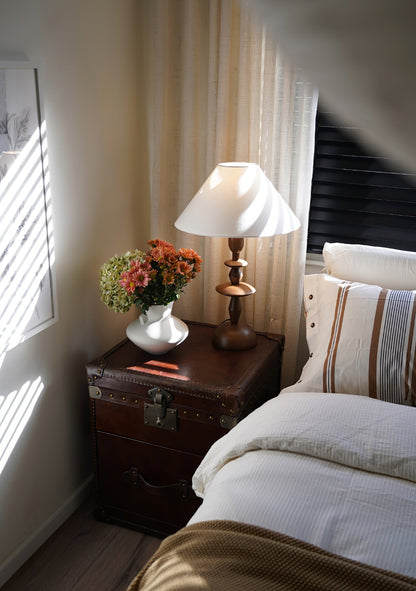 Wood Table Lamp | Handcrafted Oak with Linen Shade | Walnut Color