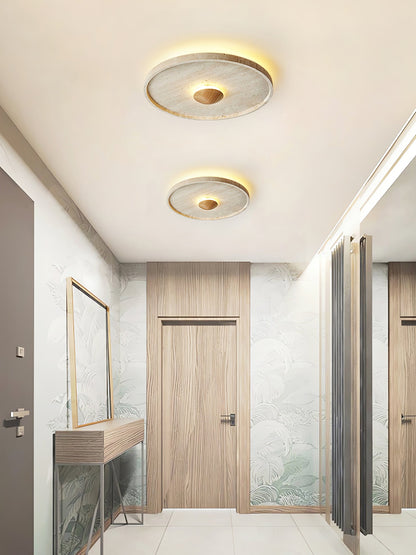 Tranquil Aura Ceiling Light | Yellow Travertine & Wood | 42cm Diameter