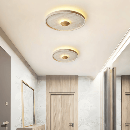 Tranquil Aura Ceiling Light | Yellow Travertine & Wood | 42cm Diameter