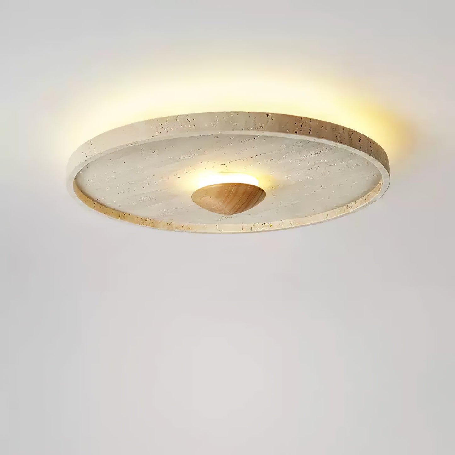 Tranquil Aura Ceiling Light | Yellow Travertine & Wood | 42cm Diameter