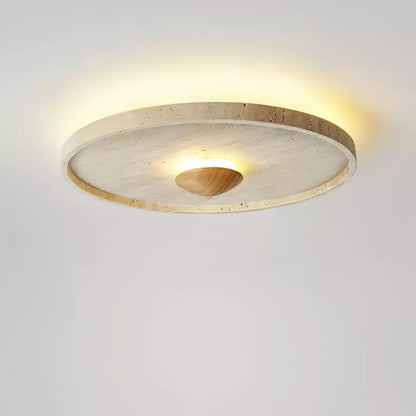 Tranquil Aura Ceiling Light | Yellow Travertine & Wood | 42cm Diameter