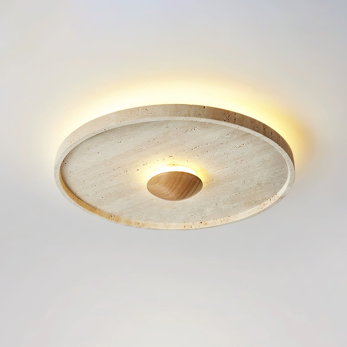 Tranquil Aura Ceiling Light | Yellow Travertine & Wood | 42cm Diameter