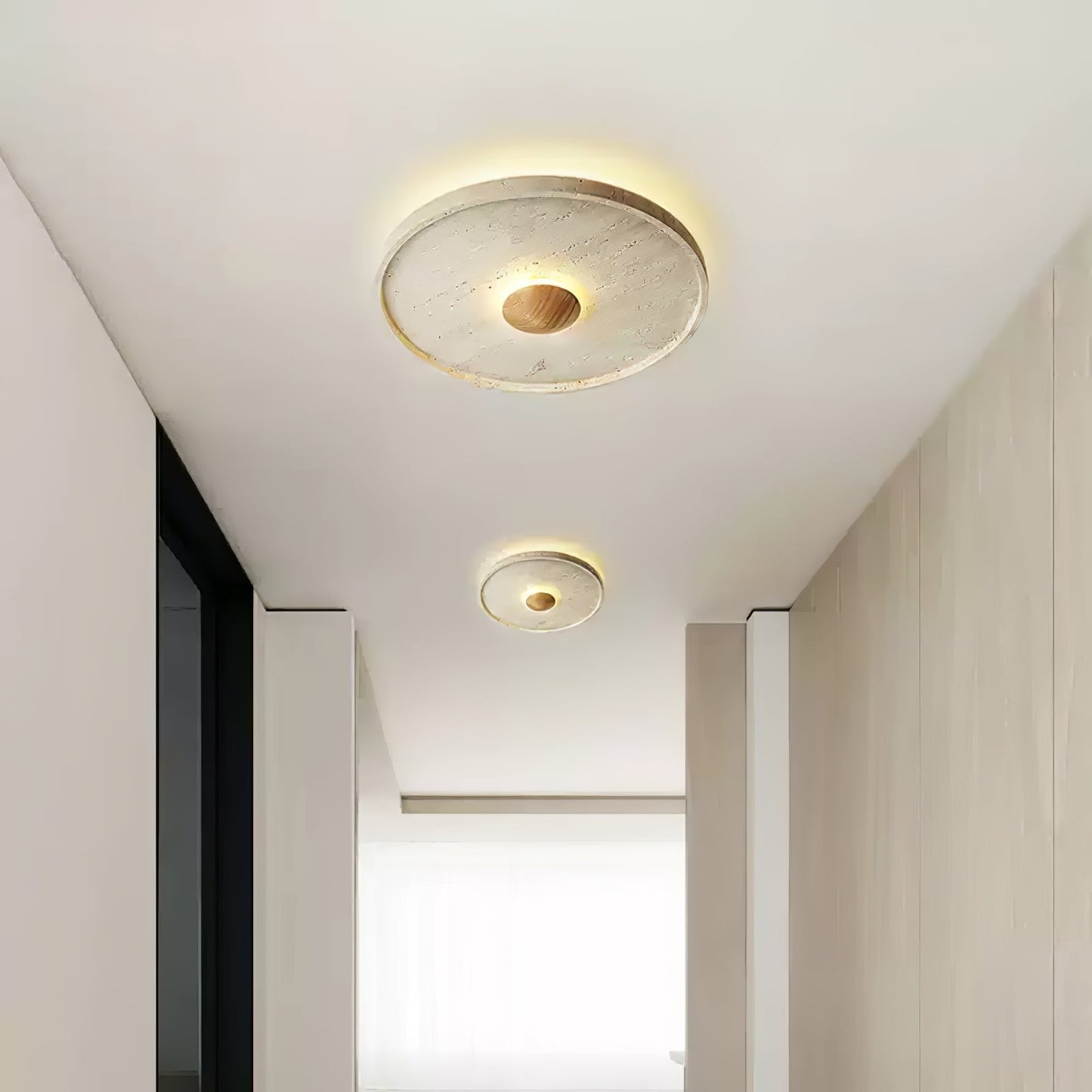 Tranquil Aura Ceiling Light | Yellow Travertine & Wood | 42cm Diameter