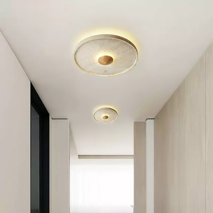 Tranquil Aura Ceiling Light | Yellow Travertine & Wood | 42cm Diameter
